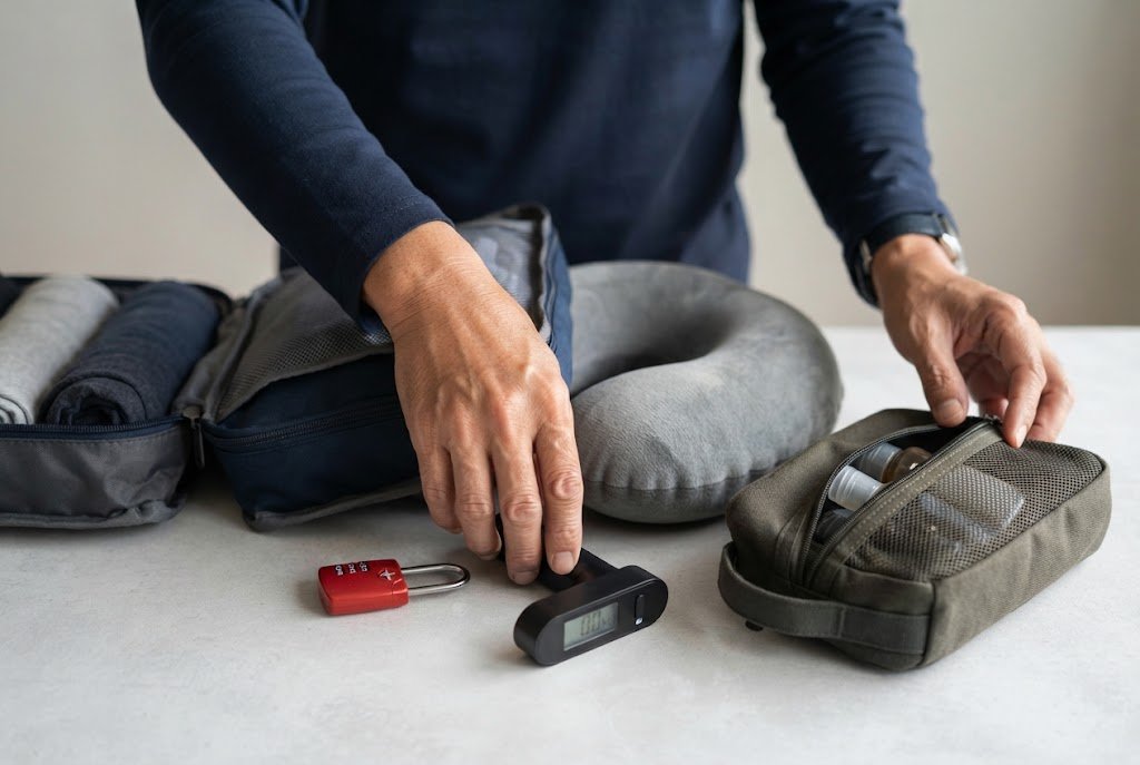 Travel accessories including packing cubes, neck pillows and TSA locks